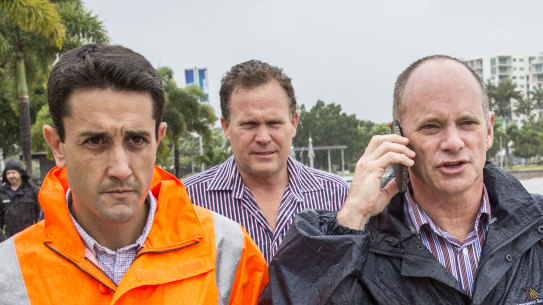 Then-community recovery minister David Crisafulli (left) with then-premier Campbell Newman in Cairns as Cyclone Ita approached in 2014.