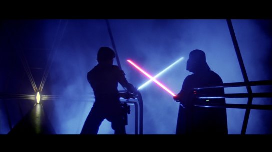 Film still from Star Wars Episode 6 - The Return of the Jedi. Luke Skywalker fights Darth Vader on the Death Star. Photo courtesy of Lucasfilm.
