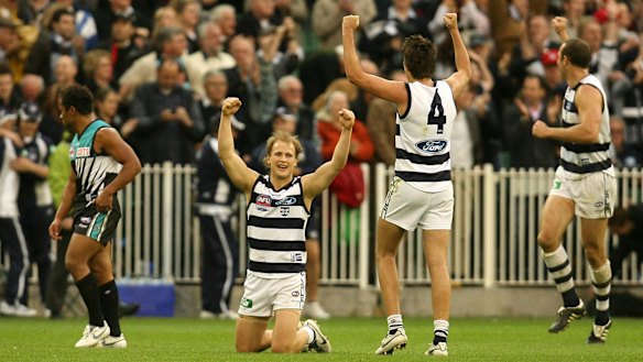 Geelong’s Gary Ablett jnr, Andrew Mackie and Brad Ottens celebrate in 2007.