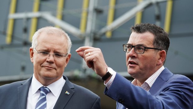 Prime Minister Scott Morrison and Premier Daniel Andrews speaking to media about the airport rail link at Sunshine train station in April, 2019. 