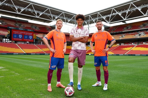 Ben Halloran, Lucas Herrington and Jay O’Shea of the Brisbane Roar.