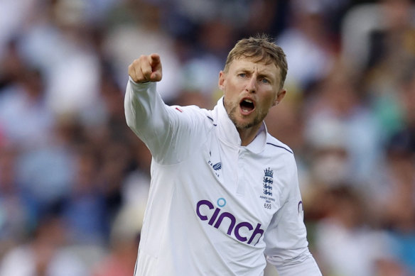 Joe Root celebrates a wicket. 