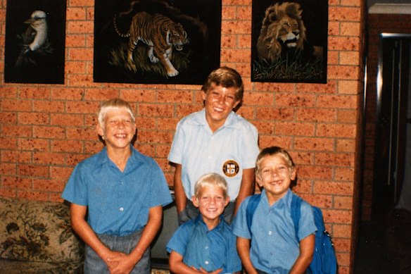 Mick Fanning (front, centre) on his first day of school in Coffs Harbour, 1986, with his beloved elder brothers (from left) Ed, Peter and Sean.