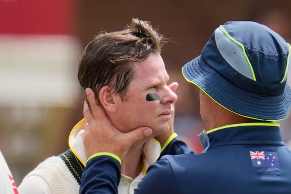 Australia’s Steve Smith receives medical attention during day four of the second Test.
