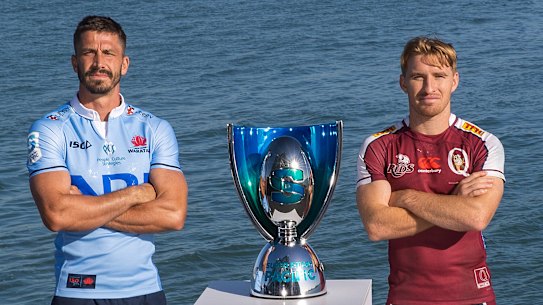 Waratahs skipper Jake Gordon and Reds captain Tate McDermott at the Super Rugby Pacific launch in Auckland.
