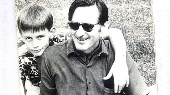 A 10-year-old Richard Glover with his father, Ted, in an era when cars were quite often wonky.