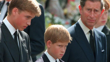 Princess Diana's sons Princes William and Harry with their father Prince Charles outside Westminster Abbey on the day of their mother's funeral.