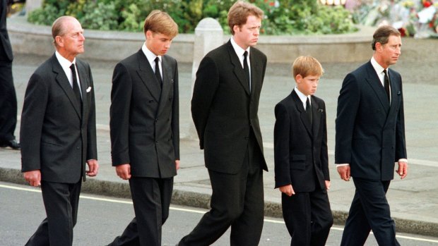 Prince Philip, Prince William, Earl Spencer, Prince Harry and Prince Charles walking behind Princess Diana’s coffin.