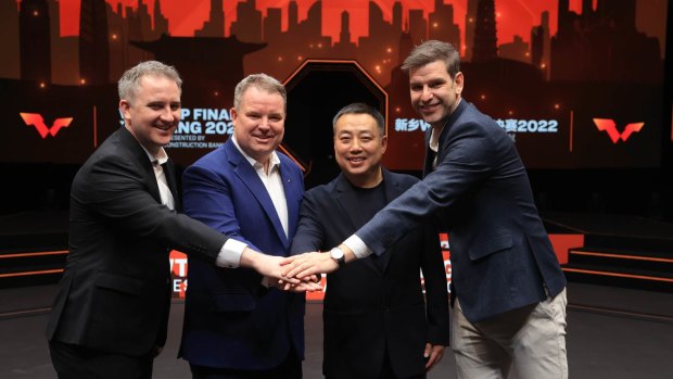 ITFF chief financial officer Michael Brown, ITTF CEO Steve Dainton and World Table Tennis managing director Matt Pound with China table tennis legend Liu Guoliang, third from left, in Xinxiang this week.