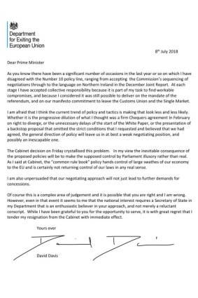 The resignation letter of Brexit minister David Davis.