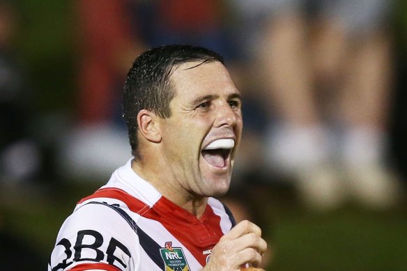 Michael Gordon scores a try for the Roosters in 2017. 