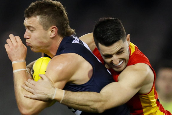 Brayden Fiorini, here tackling Patrick Cripps, is a chance to be traded to Collingwood.  