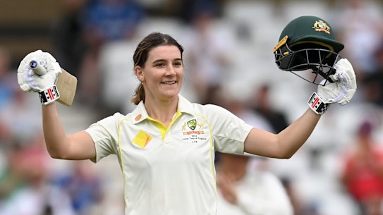 That’s how you do it: Annabel Sutherland celebrates reaching her maiden Test century, against England in 2023.
