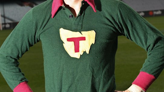 Matthew Richardson poses in a rare Tasmania jumper.