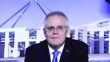 Prime Minister Scott Morrison seen via video conference during Question Time.