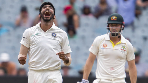 Spearhead: India's Jasprit Bumrah after removing Shaun Marsh.