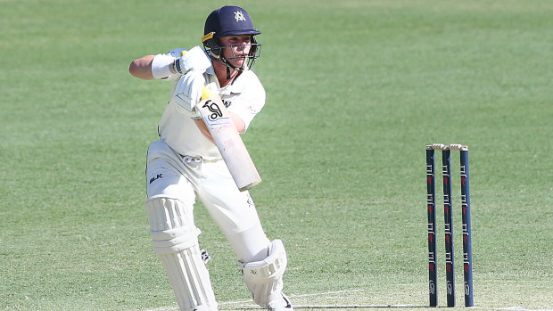 Victoria's Marcus Harris plays a shot against Queensland in the Sheffield Shield.