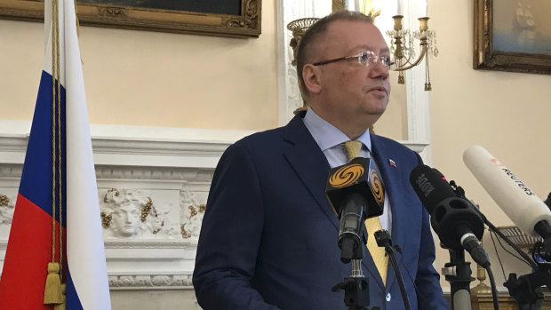 Russia’s ambassador to the UK, Alexander Yakovenko, speaks at his London residence.