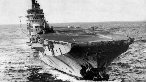 HMAS Melbourne showing the damage to her bow.