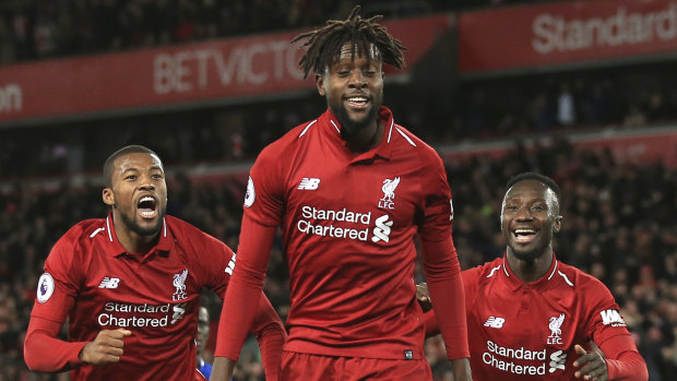 Liverpool forward Divock Origi celebrates after snatching a last-gasp win against Everton at Anfield.