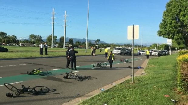 The scene of the incident in Townsville on Wednesday, after which five cyclists were taken to hospital.