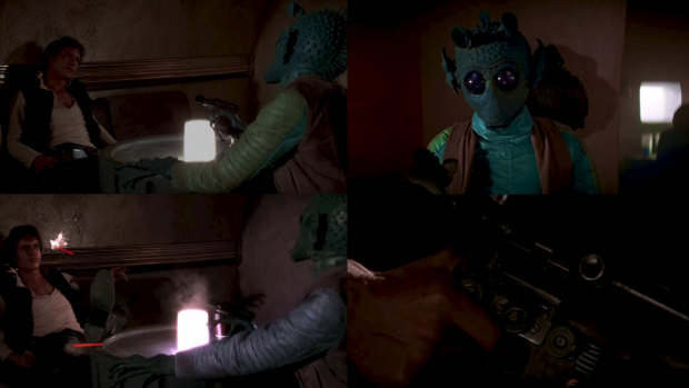 Who shot first? Clockwise from top left, Han Solo (Harrison Ford) and Greedo (Paul Blake) meet in the Mos Eisley cantina, Han unholsters his weapon and, in the remastered edition of the film, shoot simultaneously.