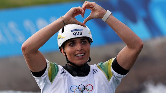 Jessica Fox celebrates after her faultless run in the women’s slalom on Sunday.  