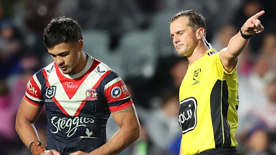 GOSFORD, AUSTRALIA - JUNE 22:  Fetalaiga Pauga of the Roosters is sent of by Referee Grant Atkins during the round 16 NRL match between Sydney Roosters and Canterbury Bulldogs at Industree Group Stadium, on June 22, 2024, in Gosford, Australia. (Photo by Scott Gardiner/Getty Images)