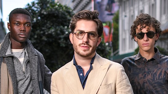 David Jones Naitonal Designer Award winner- Christian Kimber. 1 March 2019. The Age News. Photo: Eddie Jim. Models: Francis Kamara, left, and Nick Mahady.