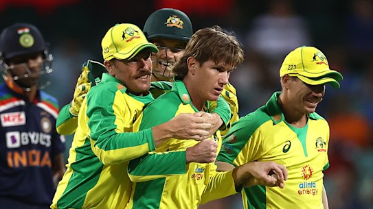 Aaron Finch congratulates Adam Zampa after the spinner dismissed Shikhar Dhawan.