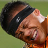 MELBOURNE, AUSTRALIA - JULY 29: Allan Alaalatoa of the Wallabies reacts to an injury during the The Rugby Championship & Bledisloe Cup match between the Australia Wallabies and the New Zealand All Blacks at Melbourne Cricket Ground on July 29, 2023 in Melbourne, Australia. (Photo by Morgan Hancock/Getty Images)