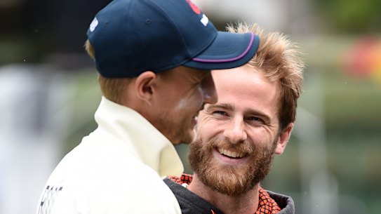 England captain Joe Root and Black Caps skipper Kane Williamson chat after the match was called off.
