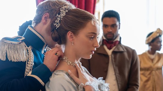 Doe-eyed English rose Daphne (rght) spends a lot of time looking fragile and pained in Bridgerton.