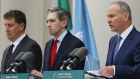 Ireland’s three government leaders from left, Eamon Ryan, Simon Harris and Micheal Martin make their announcement in Dublin.