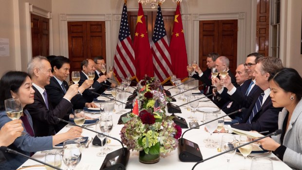 Secretary Steven Mnuchin and US Trade rep Robert Lighthizer with Chinese Vice Premier Liu He and the Chinese delegation at a working dinner during the 13th round of trade negotiations. 