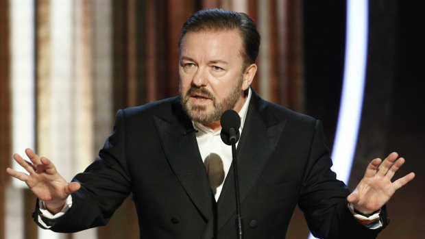 "If you win, come up, accept your little award, thank your agent and your god, and ... " Ricky Gervais opens the 77th annual Golden Globe Awards.
