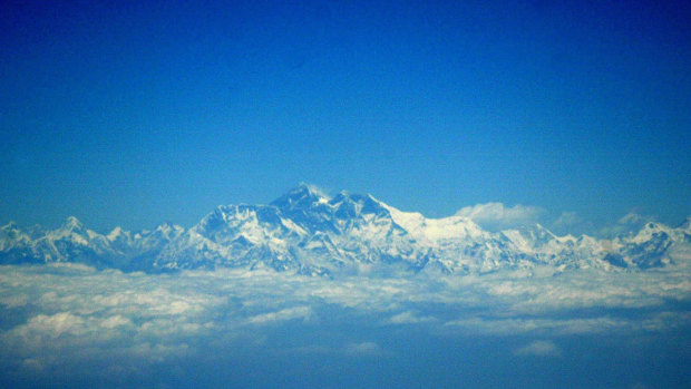 Mount Everest as seen from an aircraft on approach to Kathmandu, Nepal.