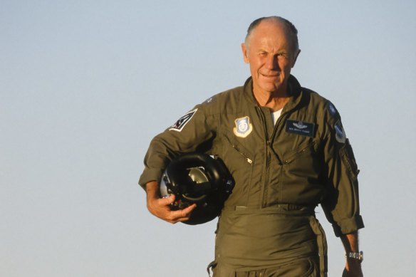 General Chuck Yeager poses for a portrait circa 1986 at Edwards Air Force Base near Edwards, California.