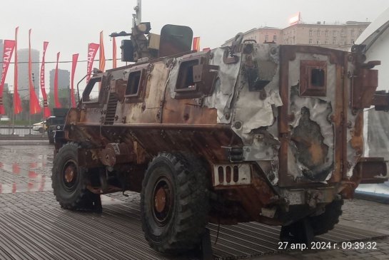 A blast-damaged Bushmaster vehicles in Moscow in a display from the Kremlin of its trophies seized on the Ukrainian battlefields.