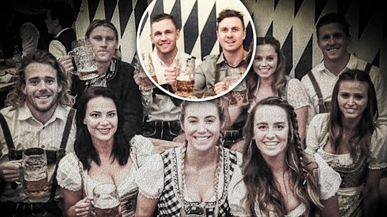 Joel Selwood and Mitch Duncan (back/centre) with their wives Demi and Britt (to their right) on the Germany trip, which was also attended by other Geelong players not linked to Nguyen.