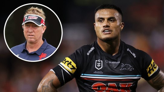 Penrith Panthers prop Spencer Leniu and Roosters coach Trent Robinson.