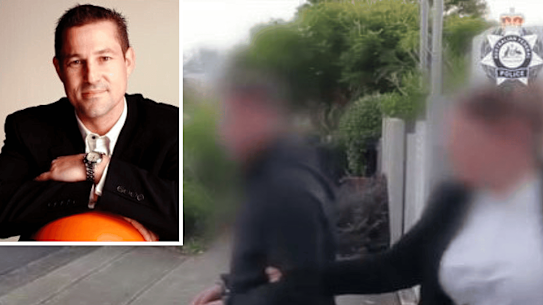 Alexander Csergo (inset) appeared in court facing one charge of reckless foreign interference after he was arrested in Bondi on Friday (right).