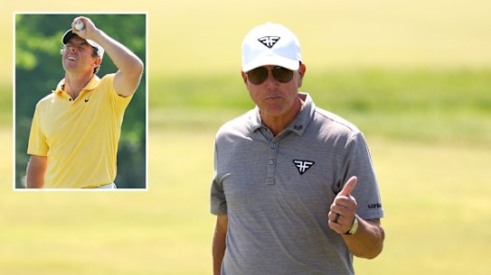 Phil Mickelson and (inset) Rory McIlroy.