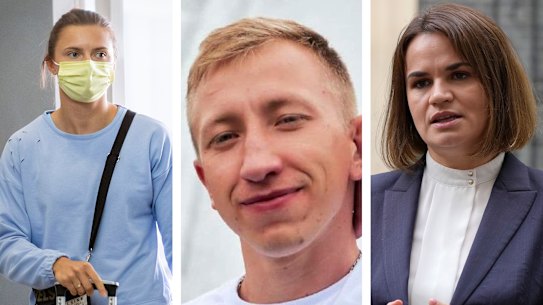 From left: Krystsina Tsimanouskaya, Vitaly Shishov and Sviatlana Tsikhanouskaya