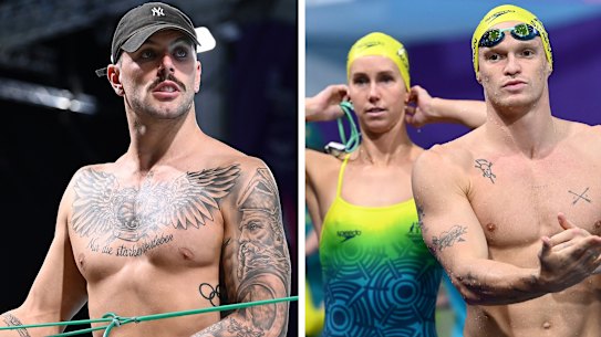 Left; Kyle Chalmers; Right: Emma McKeon and Cody Simpson