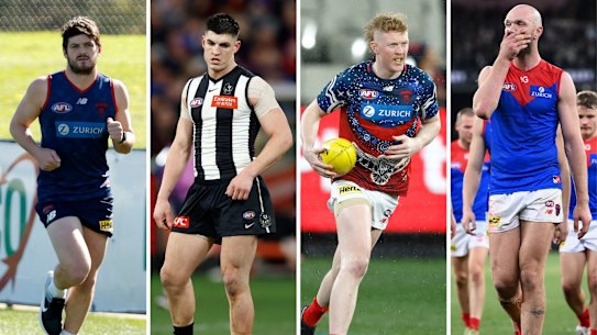 Melbourne’s Angus Brayshaw returns to the training track on Tuesday (left) after his collision with Brayden Maynard (centre, left) of Collingwood, but his teammate Clayton Oliver (centre, right) is nursing a sore knee and captain  Max Gawn (right) is believed to have a hurt his toe.