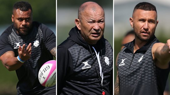 Samu Kerevi, Eddie Jones and Quade Cooper training with the Barbarians in London.