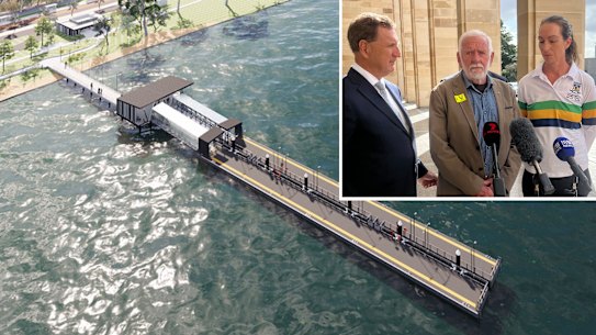 Labour's Matilda Bay ferry terminal plan. Additional: Nedlands MP Johnathan Huston, Sailability WA vice president Graham White and UWA Boat Club president Megan Bagworth.