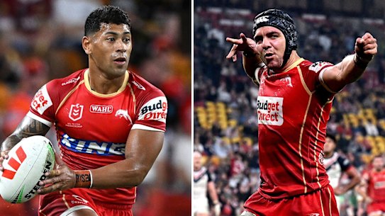 Jamayne Isaako (left) and Kodi Nikorima (right) will call Suncorp Stadium their home ground for the final time in Friday’s preliminary final clash with the Roosters.