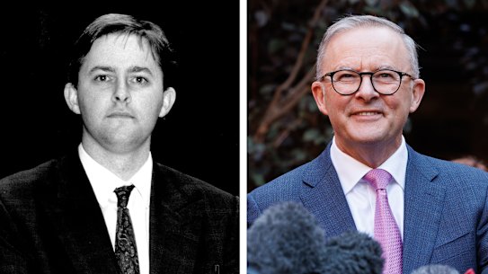 Anthony Albanese in 1990 and 2022.